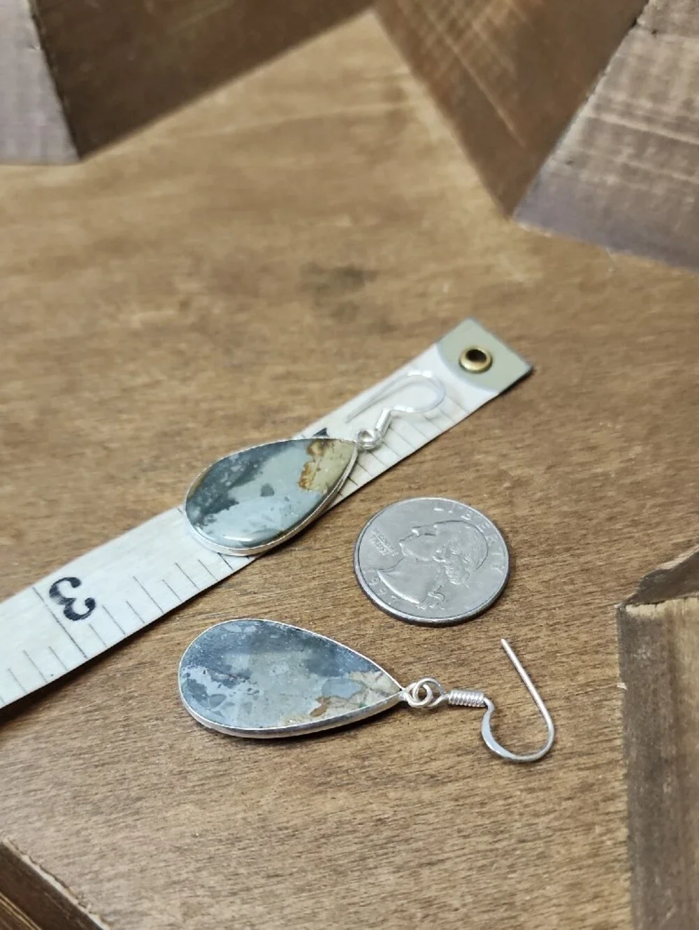 Teardrop Jasper Stone Dangle Earrings in Gray and Brown